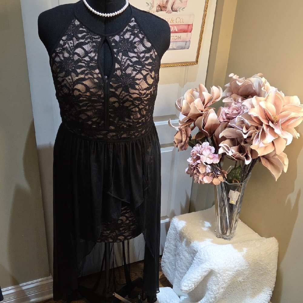Nwot 18W Morgan & Co. Black Lace Halter High-Low Maxi Very Sexy  Dres